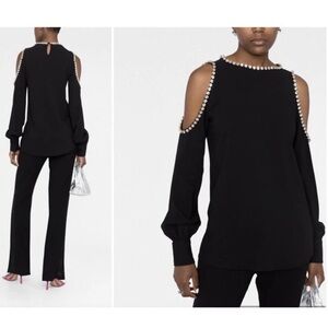 Elie Saab Black Cold-Shoulder Blouse with Crystal Embellishments Size L